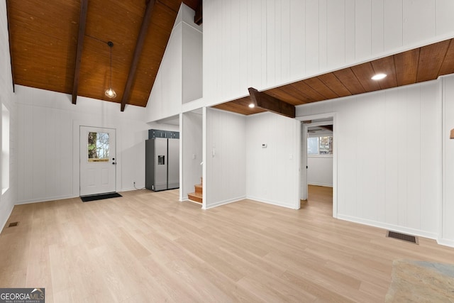 unfurnished living room with light wood finished floors, wooden ceiling, and visible vents