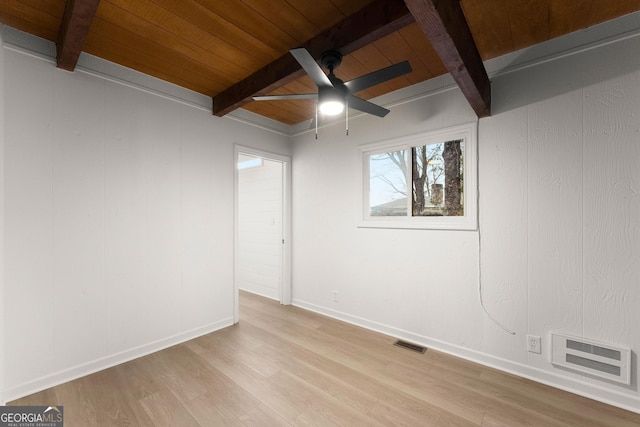 unfurnished room with light wood finished floors, beamed ceiling, and visible vents