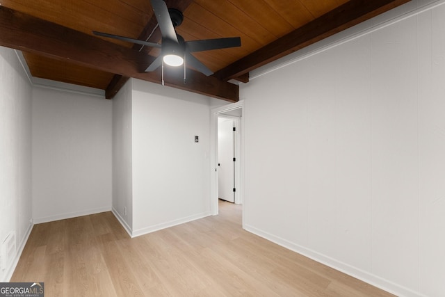 unfurnished room with ceiling fan, light hardwood / wood-style flooring, wooden ceiling, and beamed ceiling