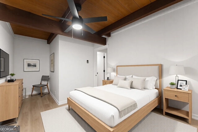 bedroom featuring wooden ceiling, light wood-style flooring, baseboards, and beamed ceiling