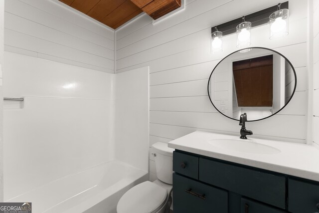 full bathroom featuring vanity,  shower combination, wooden ceiling, and toilet