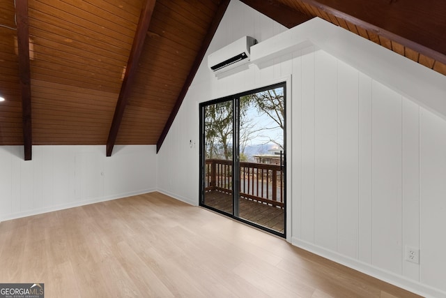 additional living space featuring baseboards, wood ceiling, a wall mounted air conditioner, vaulted ceiling with beams, and light wood-type flooring