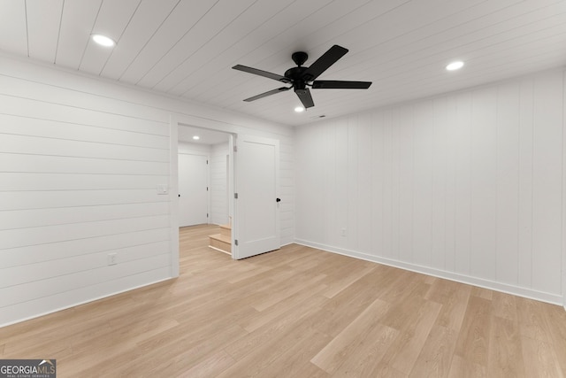 291 Saddleback Cir, Sky Valley, GA 30537 - spare room featuring light wood-style floors, a ceiling fan, recessed lighting, and wood walls