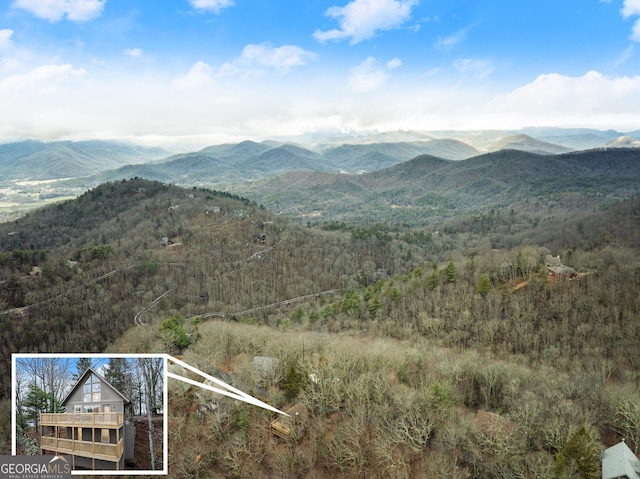 property view of mountains with a wooded view