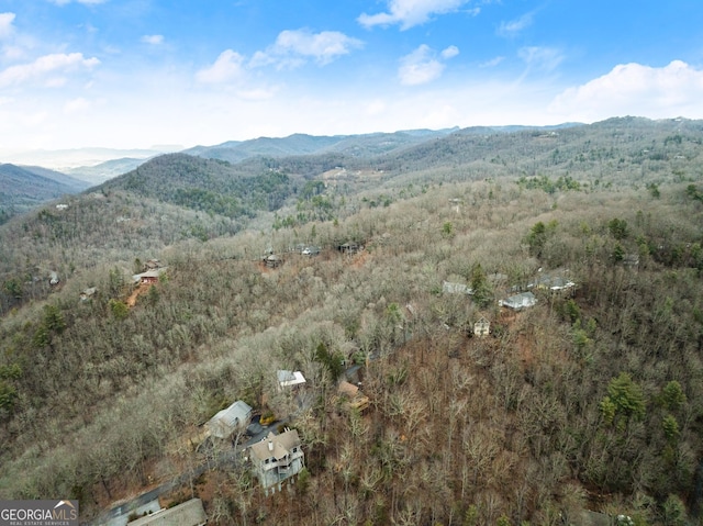 drone / aerial view featuring a mountain view and a view of trees