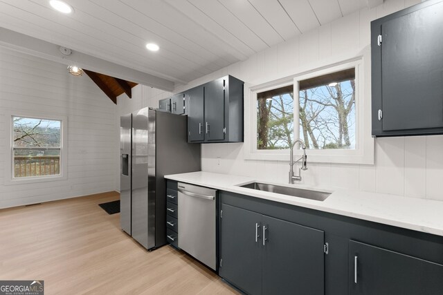 kitchen featuring sink, stainless steel appliances, lofted ceiling with beams, wooden ceiling, and light wood-type flooring