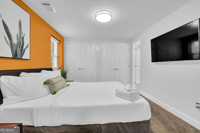 carpeted bedroom with two closets