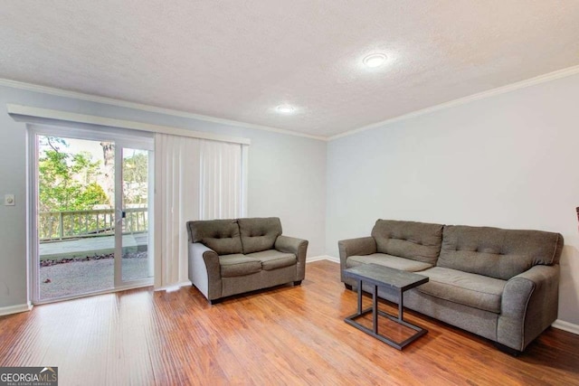 living room with ornamental molding, a textured ceiling, and light wood-type flooring