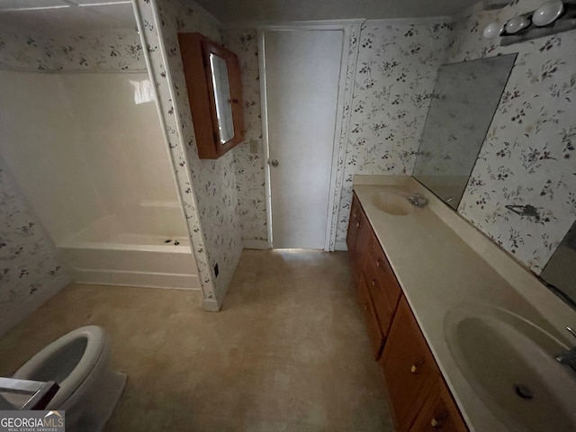 full bathroom featuring vanity, shower with separate bathtub, and toilet