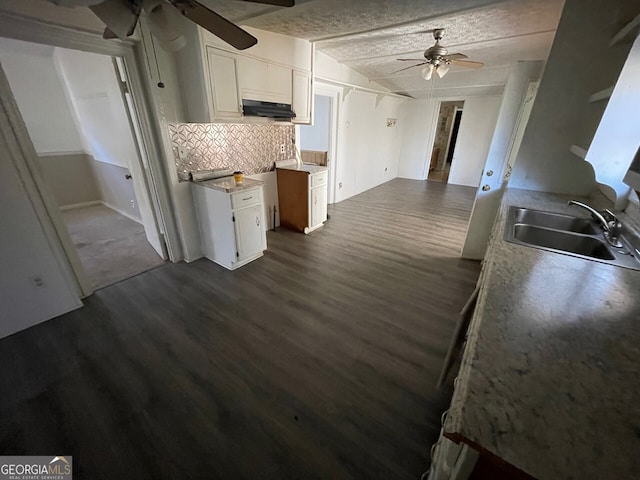 kitchen with sink, ceiling fan, tasteful backsplash, white cabinets, and dark hardwood / wood-style flooring