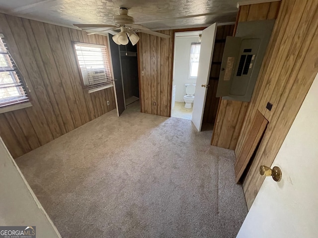 interior space with light carpet, ensuite bath, electric panel, and wood walls