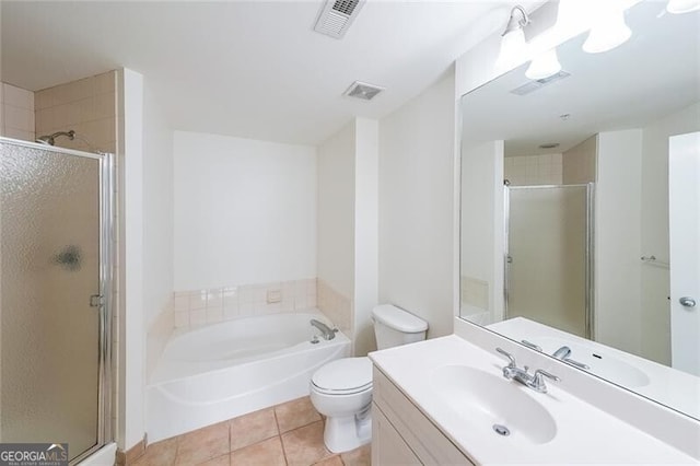 full bathroom featuring toilet, tile patterned flooring, and plus walk in shower