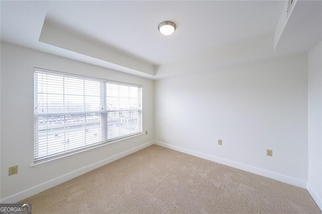 carpeted spare room with a tray ceiling