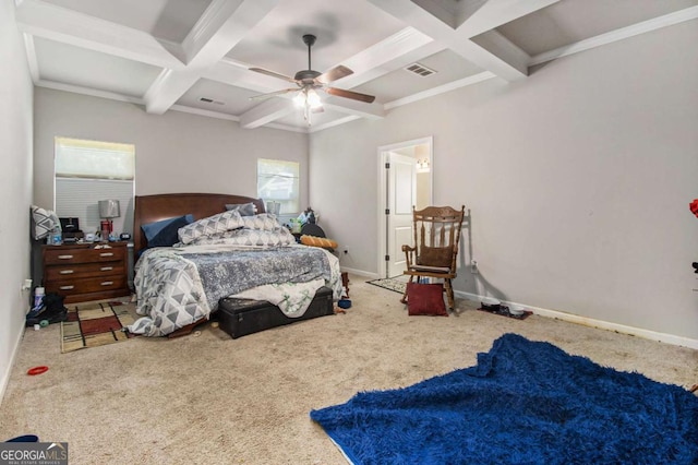 carpeted bedroom featuring coffered ceiling, ceiling fan, ornamental molding, and beamed ceiling