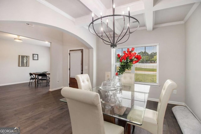 dining area featuring an inviting chandelier, coffered ceiling, beam ceiling, and dark wood-type flooring