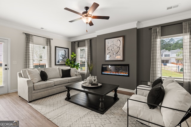 living room with crown molding, ceiling fan, and light wood-type flooring