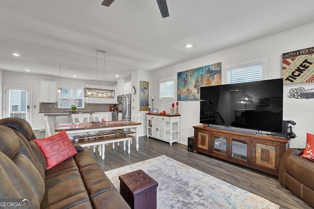 living room with dark hardwood / wood-style floors and ceiling fan