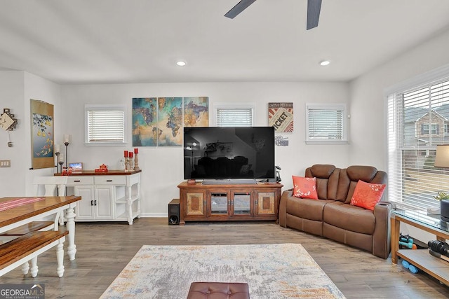 living room with hardwood / wood-style floors and ceiling fan