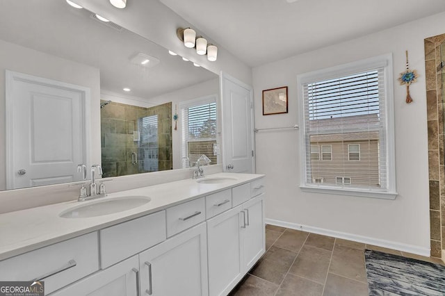 bathroom featuring walk in shower, tile patterned floors, and vanity