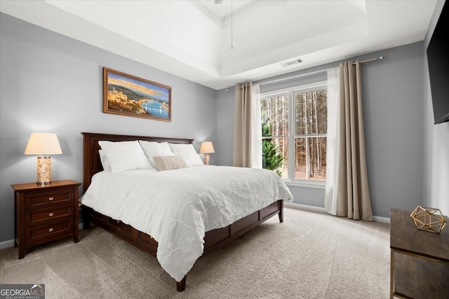 carpeted bedroom featuring a raised ceiling