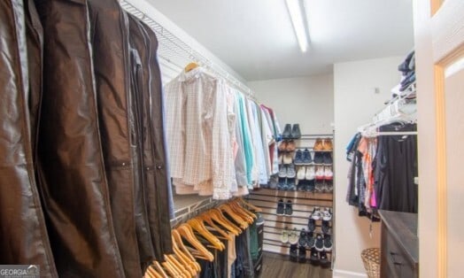 spacious closet with dark hardwood / wood-style flooring