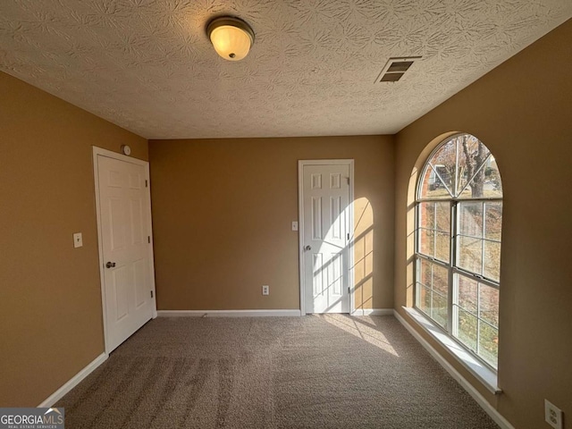 unfurnished room with carpet flooring and a textured ceiling