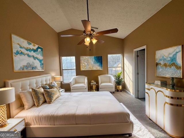 carpeted bedroom featuring lofted ceiling, ceiling fan, and a textured ceiling