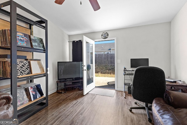 office area featuring wood-type flooring, french doors, and ceiling fan