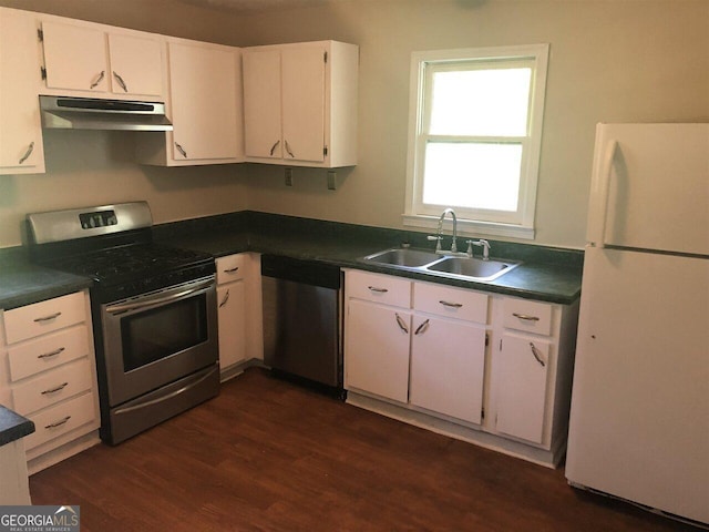 kitchen featuring sink, stainless steel appliances, dark hardwood / wood-style floors, and white cabinets