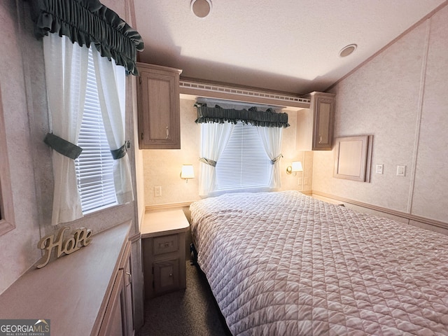 bedroom featuring lofted ceiling and a textured ceiling