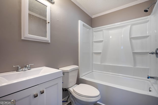 full bathroom with vanity, bathtub / shower combination, toilet, and a textured ceiling