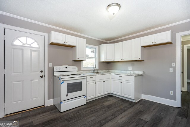 kitchen featuring white cabinetry, white electric range oven, sink, and crown molding