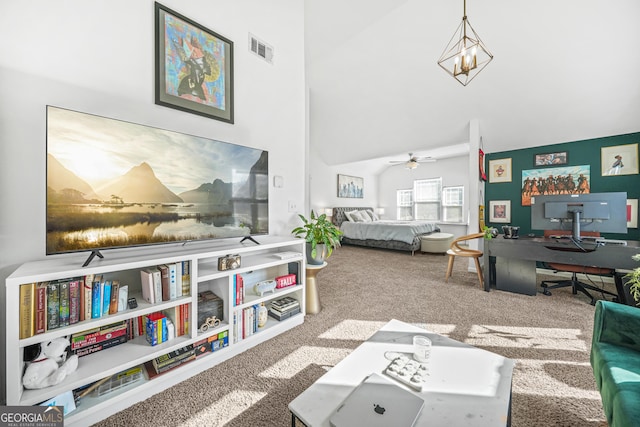 living room featuring a high ceiling, carpet, and an inviting chandelier