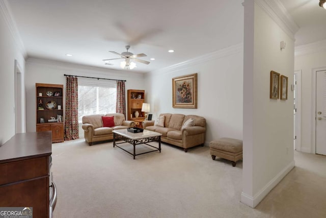 carpeted living room featuring crown molding and ceiling fan