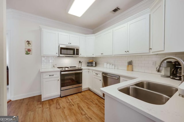 kitchen featuring sink, appliances with stainless steel finishes, white cabinetry, backsplash, and light wood-type flooring