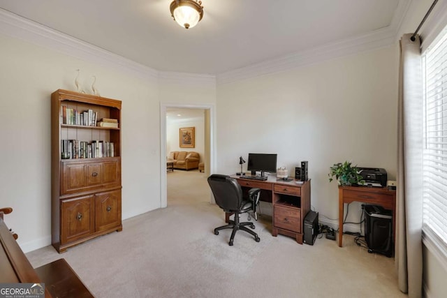 office area featuring ornamental molding and light colored carpet