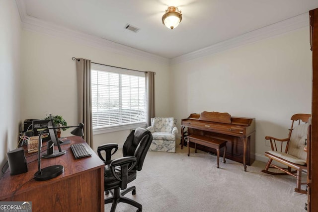 office space featuring ornamental molding and light colored carpet