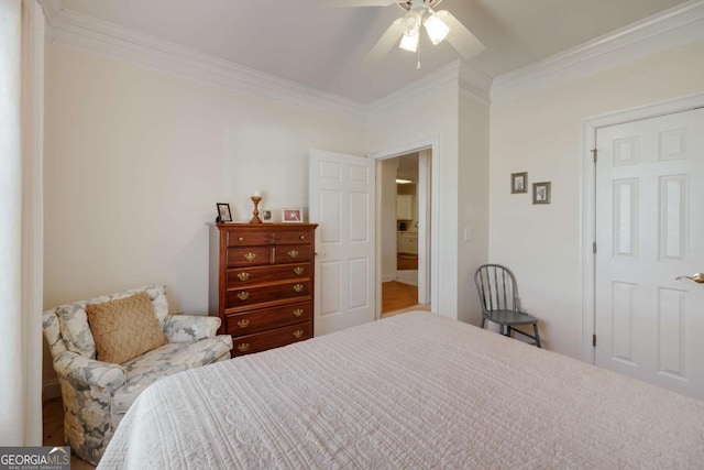 bedroom with crown molding and ceiling fan