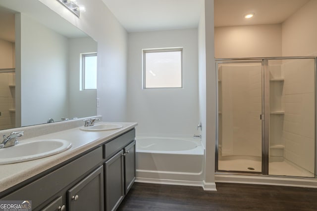 bathroom featuring vanity, wood-type flooring, and plus walk in shower