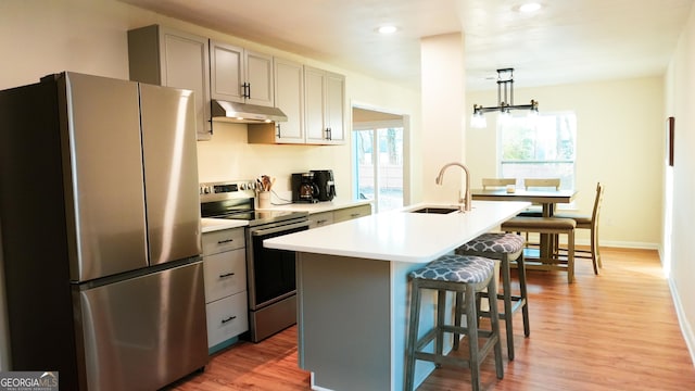 kitchen featuring sink, gray cabinets, an island with sink, pendant lighting, and stainless steel appliances