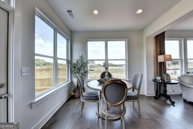 dining space featuring dark hardwood / wood-style flooring and a wealth of natural light