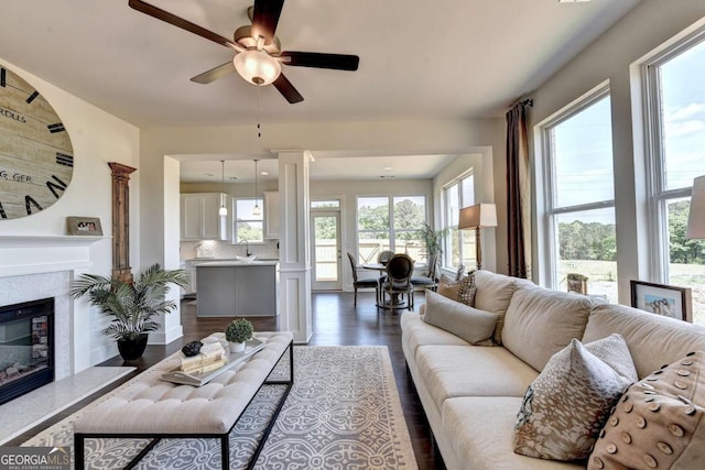 living room with hardwood / wood-style floors, a fireplace, decorative columns, and plenty of natural light