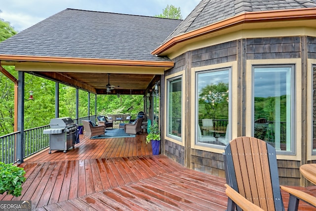 4431 Furman Gribble Rd, Young Harris, GA 30582 - deck with outdoor lounge area, a grill, and a ceiling fan