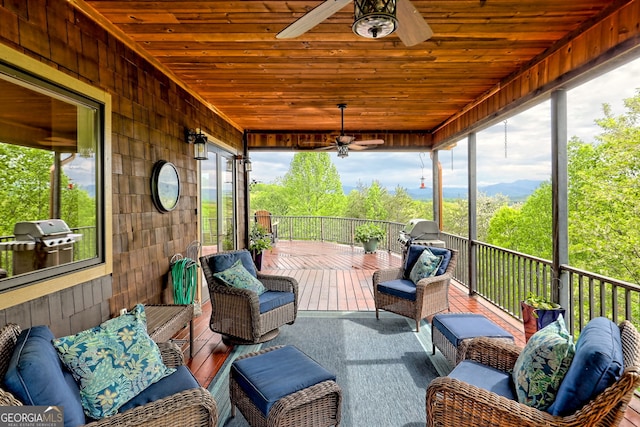 4431 Furman Gribble Rd, Young Harris, GA 30582 - view of patio featuring a wooden deck, a ceiling fan, an outdoor living space, and grilling area