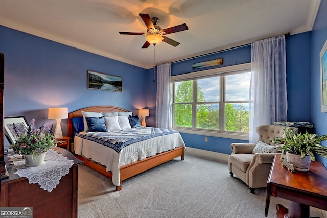 4431 Furman Gribble Rd, Young Harris, GA 30582 - bedroom with ornamental molding, baseboards, carpet floors, and a ceiling fan