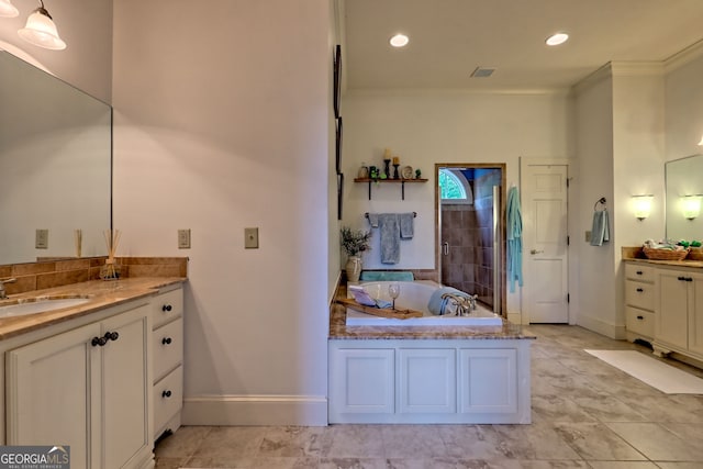 4431 Furman Gribble Rd, Young Harris, GA 30582 - full bath with baseboards, crown molding, a stall shower, a bath, and two vanities
