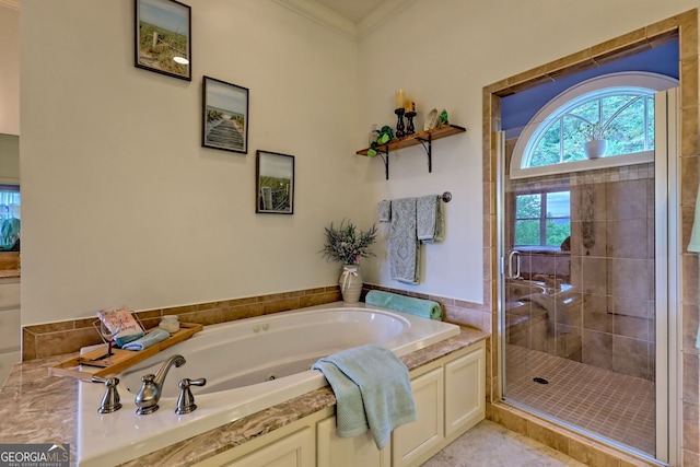 4431 Furman Gribble Rd, Young Harris, GA 30582 - full bathroom with a stall shower, a jetted tub, and tile patterned floors