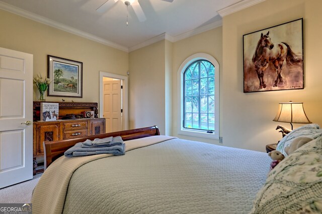 4431 Furman Gribble Rd, Young Harris, GA 30582 - carpeted bedroom with ornamental molding and ceiling fan