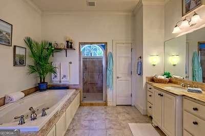 bathroom with vanity, crown molding, and separate shower and tub