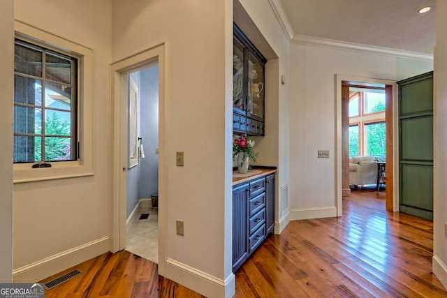 4431 Furman Gribble Rd, Young Harris, GA 30582 - corridor with wood-type flooring, baseboards, and crown molding